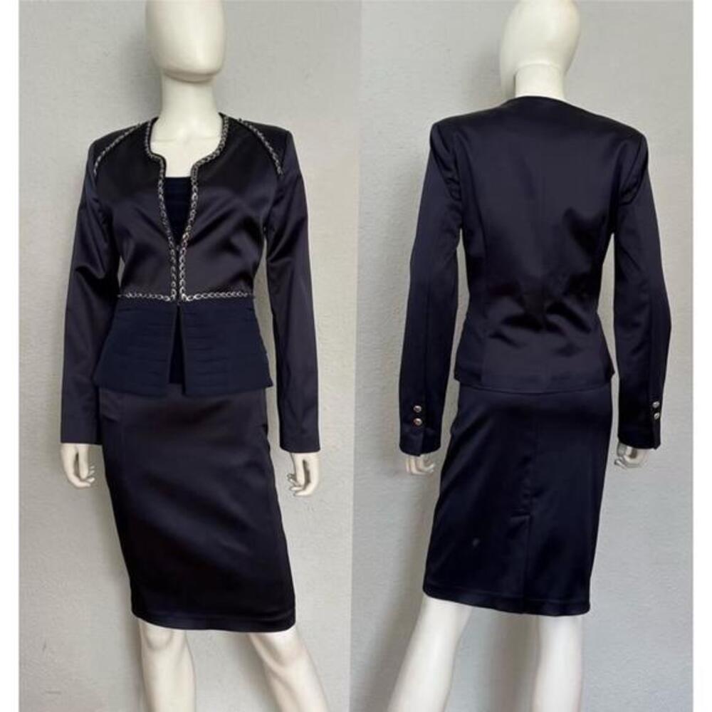 NWT Satin Skirt Suit 3Pc Set Blazer/Top/Skirt Navy‎ Blue Collarless Lined Formal